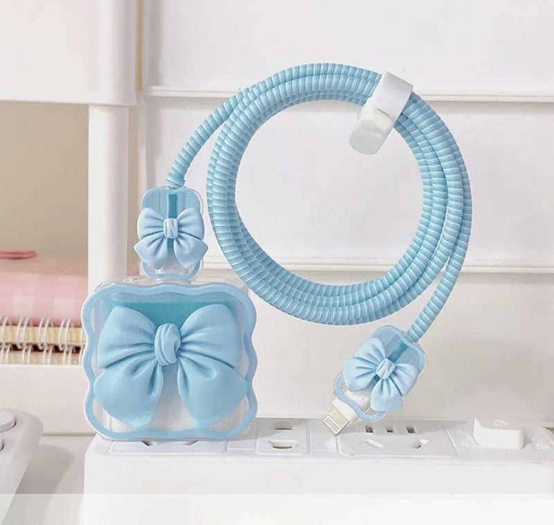 INEFABLE Charger Case Cover Protector with 3D Cute Pattern for iPhone Charger only 18W & 20W, Data Charging Cable Wire Saver Protective Cable Cover Full Protection - Set Of 1 (Blue Bow) - Image 4
