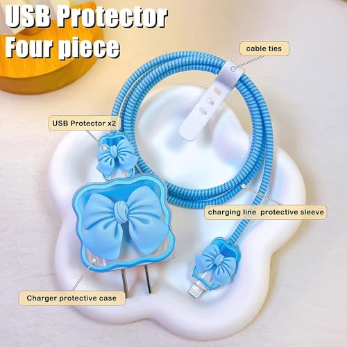 INEFABLE Charger Case Cover Protector with 3D Cute Pattern for iPhone Charger only 18W & 20W, Data Charging Cable Wire Saver Protective Cable Cover Full Protection - Set Of 1 (Blue Bow) - Image 3
