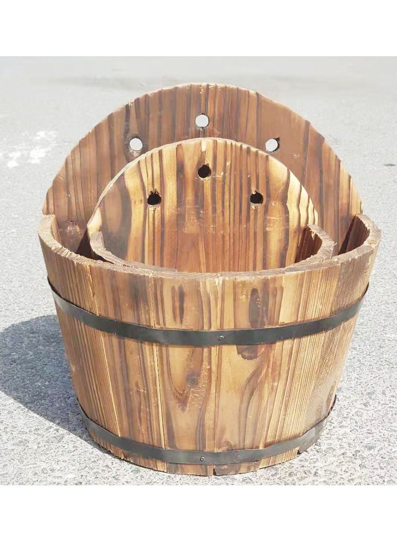 LINGWEI Wall Planter Hanging Wooden Basket Decorative Artificial Plants Flower Pots Vase Bamboo Bucket Boxes Container with Drainage Holes For Indoor Home Decor(2pcs set) - Image 2