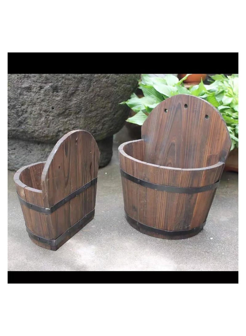 LINGWEI Wall Planter Hanging Wooden Basket Decorative Artificial Plants Flower Pots Vase Bamboo Bucket Boxes Container with Drainage Holes For Indoor Home Decor(2pcs set) - Image 4