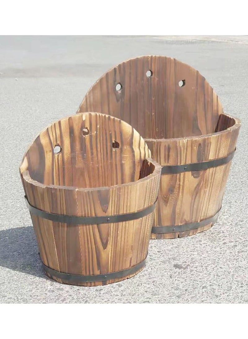 LINGWEI Wall Planter Hanging Wooden Basket Decorative Artificial Plants Flower Pots Vase Bamboo Bucket Boxes Container with Drainage Holes For Indoor Home Decor(2pcs set) - Image 1
