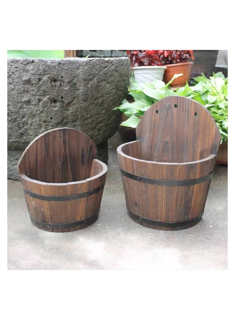 LINGWEI Wall Planter Hanging Wooden Basket Decorative Artificial Plants Flower Pots Vase Bamboo Bucket Boxes Container with Drainage Holes For Indoor Home Decor(2pcs set) - Image 3