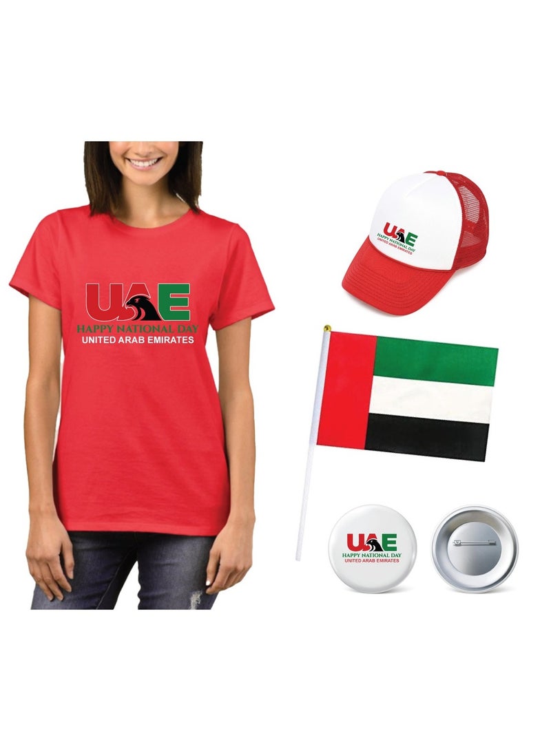 UAE T-Shirt for Women – Adult Round Neck T-Shirt, Cap, Flag, and Badge – Pack of 4 Combo - Image 1