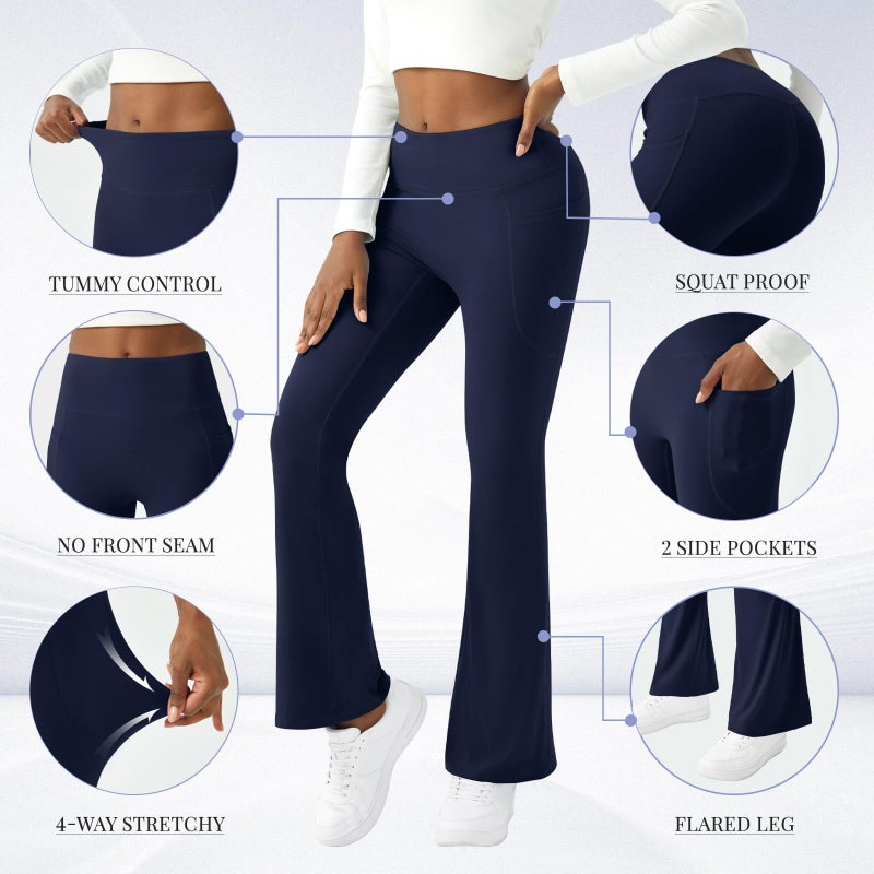 COPYLEAF Womens Yoga Pants with Pockets High Waisted Flare Leggings Bell Bottom Yoga Dress Pants Seamless Bootcut Pants(Navy Blue XL) - Image 5