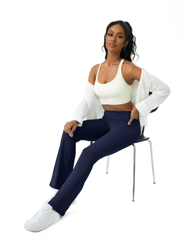 COPYLEAF Womens Yoga Pants with Pockets High Waisted Flare Leggings Bell Bottom Yoga Dress Pants Seamless Bootcut Pants(Navy Blue XL) - Image 3