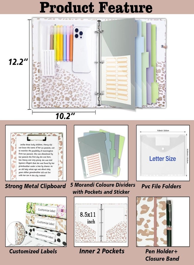 BVSSX 3 Ring Binder 1 Inch for 8.5"x11" Paper, Three Ring Binders with Clipboard, 5 Dividers with Tabs and Pockets, Plastic Folder, 18 Divider Stikers, Decorative Binder with Pen Holder,Leopard - Image 2