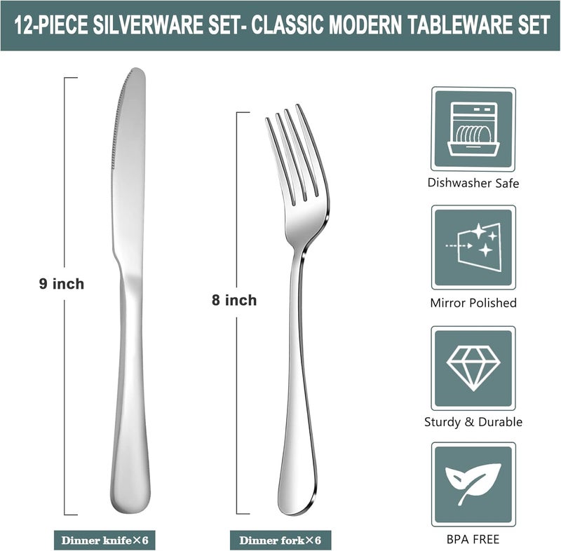 SANTUO 16 Piece Silverware Set with 8 Dinner Knives and 8 Dinner Forks,Flatware Set with Top Food Grade Stainless Steel,Tableware Cutlery Set For Home Restaurant Hotel, Mirror Finish, Dishwasher Safe - Image 2