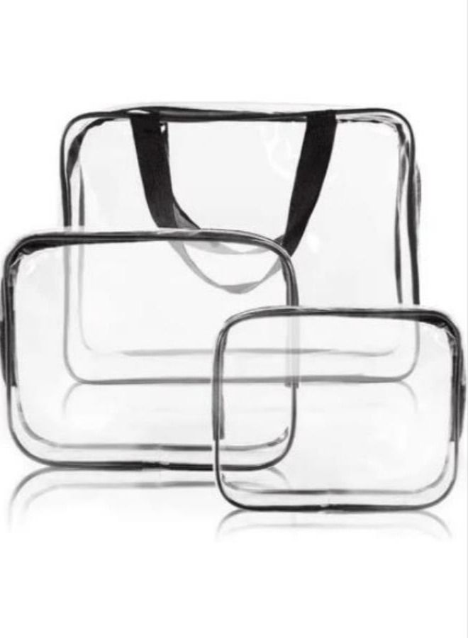 Generic 3-Piece Waterproof Cosmetic Bag Set,Clear PVC Travel Toiletry Bag Kit for Women Men, Waterproof Travel Makeup Bags with Zipper Handle Straps, Cosmetic Bag Pouch Carry on Airport Airline Compliant Bag Handbag  - Image 1