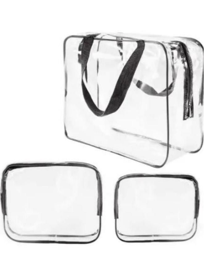 Generic 3-Piece Waterproof Cosmetic Bag Set,Clear PVC Travel Toiletry Bag Kit for Women Men, Waterproof Travel Makeup Bags with Zipper Handle Straps, Cosmetic Bag Pouch Carry on Airport Airline Compliant Bag Handbag  - Image 3