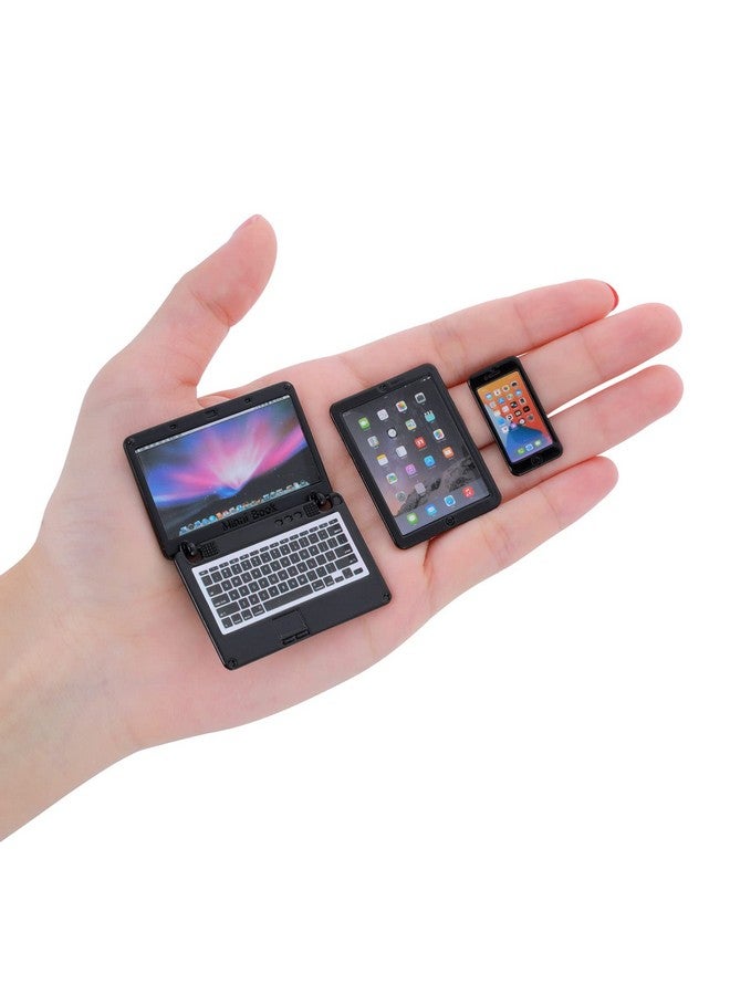 COBEE 3Pcs Miniature Dollhouse Décor 1:12 Metal Simulation Laptop Tablet Smart Phone Mini Dollhouse Miniatures Furniture Accessories Doll House Miniatures Play Set (Black 3Pcs) - Image 1