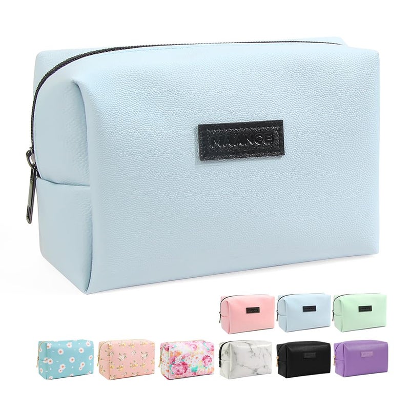 MAANGE Small Makeup Bag For Purse, Travel Cosmetic Bag Makeup Pouch PU Leather Portable Versatile Zipper Pouch For Women (Blue) - Image 1