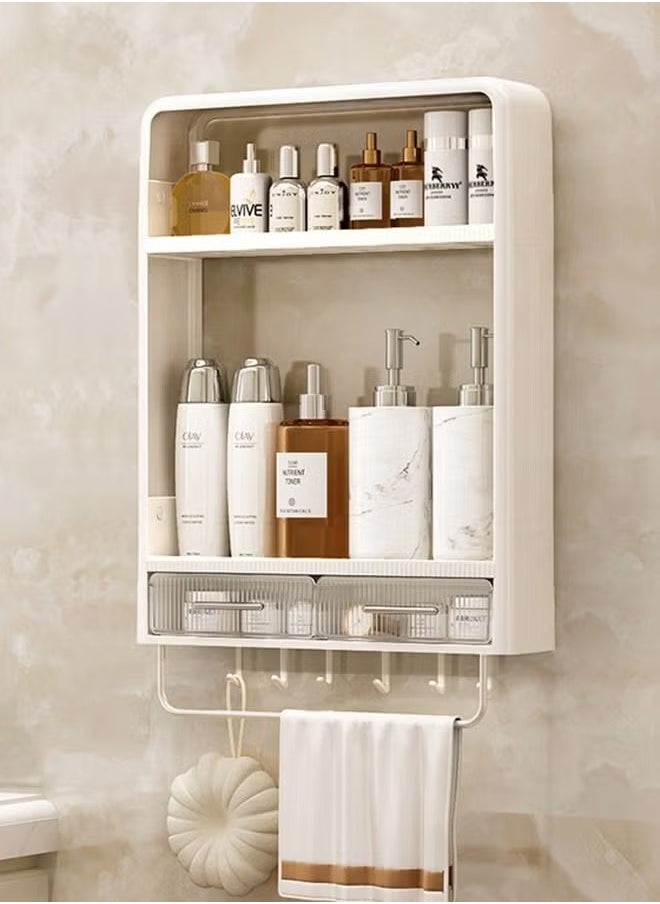 MIXDE 2-Tier Wall Mounted Bathroom Rack Wall Hanger Bath Organizer Makeups Organizer With Hooks and Drawer For Bathroom  - Image 1