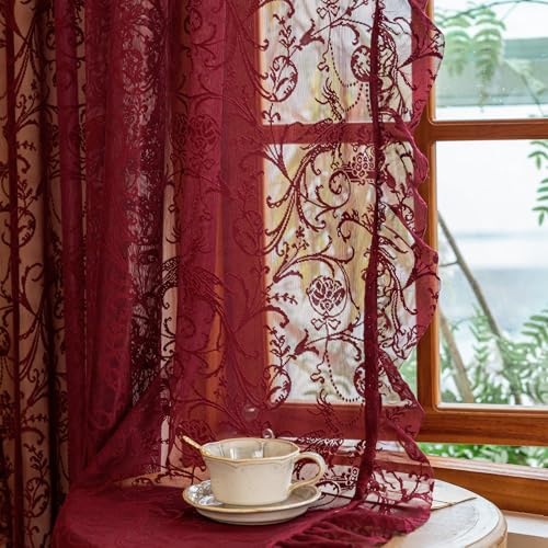 TUDECO Burgundy Lace Curtains 63 Inch Length - Victorian Kintted Sheer Floral Bird Ruffle Curtains for Bedroom, Boho Privacy Dark Red Solid Color Light Filtering Rod Pocket Maroon Decor, 59 x 63 Inch - Image 1