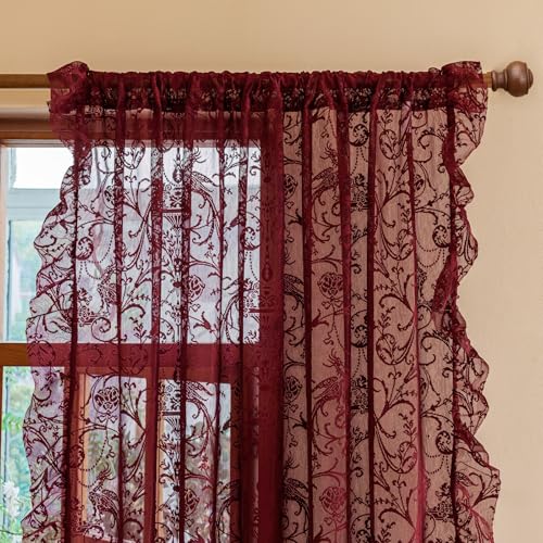 TUDECO Burgundy Lace Curtains 63 Inch Length - Victorian Kintted Sheer Floral Bird Ruffle Curtains for Bedroom, Boho Privacy Dark Red Solid Color Light Filtering Rod Pocket Maroon Decor, 59 x 63 Inch - Image 2