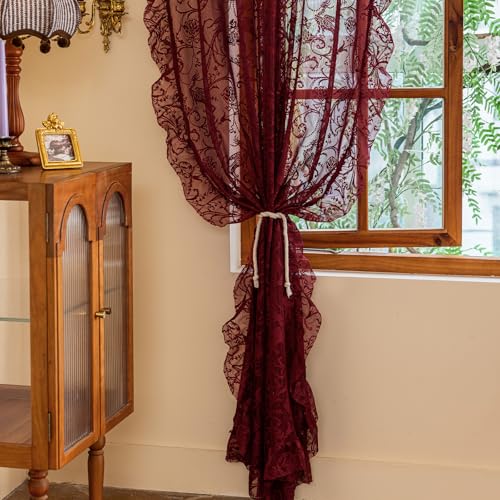 TUDECO Burgundy Lace Curtains 63 Inch Length - Victorian Kintted Sheer Floral Bird Ruffle Curtains for Bedroom, Boho Privacy Dark Red Solid Color Light Filtering Rod Pocket Maroon Decor, 59 x 63 Inch - Image 5