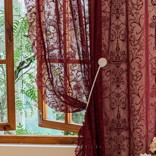 TUDECO Burgundy Lace Curtains 63 Inch Length - Victorian Kintted Sheer Floral Bird Ruffle Curtains for Bedroom, Boho Privacy Dark Red Solid Color Light Filtering Rod Pocket Maroon Decor, 59 x 63 Inch - Image 4