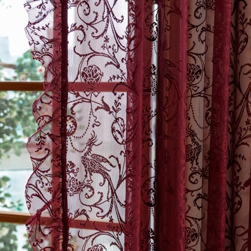 TUDECO Burgundy Lace Curtains 63 Inch Length - Victorian Kintted Sheer Floral Bird Ruffle Curtains for Bedroom, Boho Privacy Dark Red Solid Color Light Filtering Rod Pocket Maroon Decor, 59 x 63 Inch - Image 3