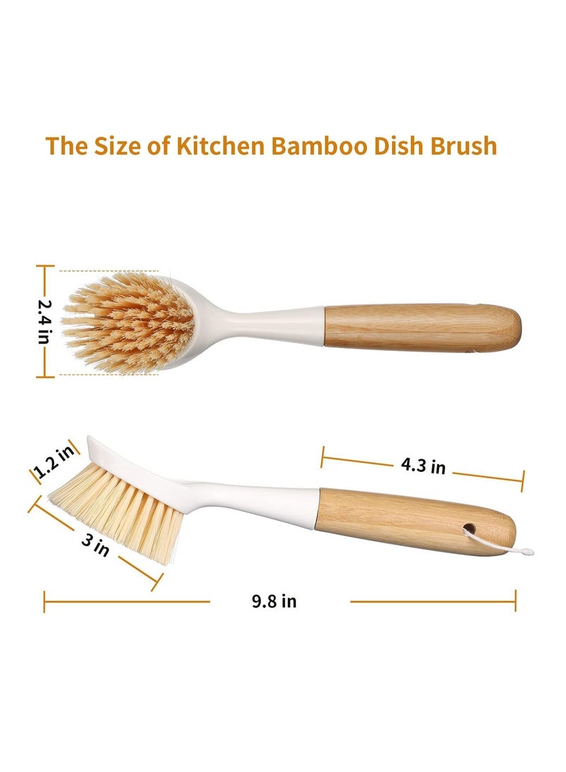 2 Pcs Kitchen Dish Brush, Bamboo Handle Dish Scrubber Built-in Scraper, Scrub Brushes for Pans, Pots, Kitchen Sink Cleaning, Dishwashing Perfect Cleaning Tools, White - Image 2