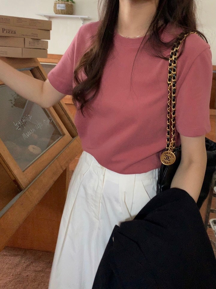 White Brushed Cotton Short-Sleeve Women'S T-Shirt, Loose Fit, Early Autumn Basic Style, Inner Wear Top, Half-Sleeve Round Neck Base Shirt, Versatile - Image 1
