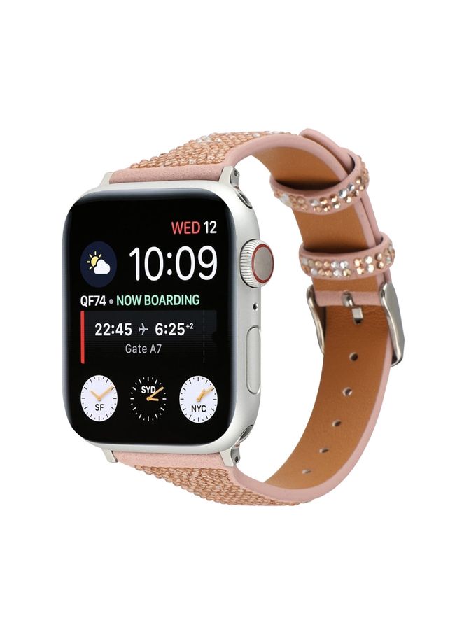 Replacement Strap T-shaped Small Waist Flashing Diamond Genuine Leather Watch Band Watch Band For Apple Watch Series 9&8&7 41mm / SE 3&SE 2&6&SE&5&4 40mm / 3&2&1 38mm Rose Gold