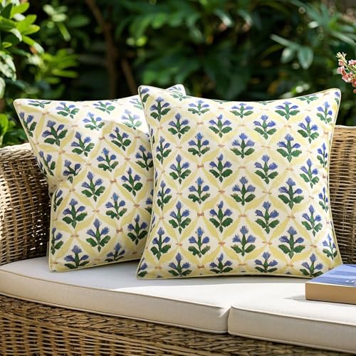MIULEE Floral Decorative Pillow Covers Set of 2Block Print Throw Pillowcases Outdoor Boho Farmhouse Vintage Summer Accent Cushion Covers for Couch paito Garden Sofa Bed 18x18 Inch YellowBlue - Image 1