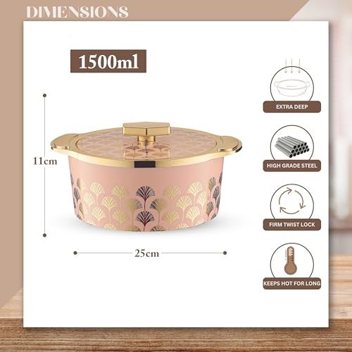 Trueware Floraa Fine Inner Steel Casserole, 1500 Ml, Pink | Pu Insulated | Bpa Free | Odor Proof | Food Grade | Easy To Store | Ideal For Chapatti | Roti | Curd Maker | Thermoware | Hot Pot,Polished - Image 2