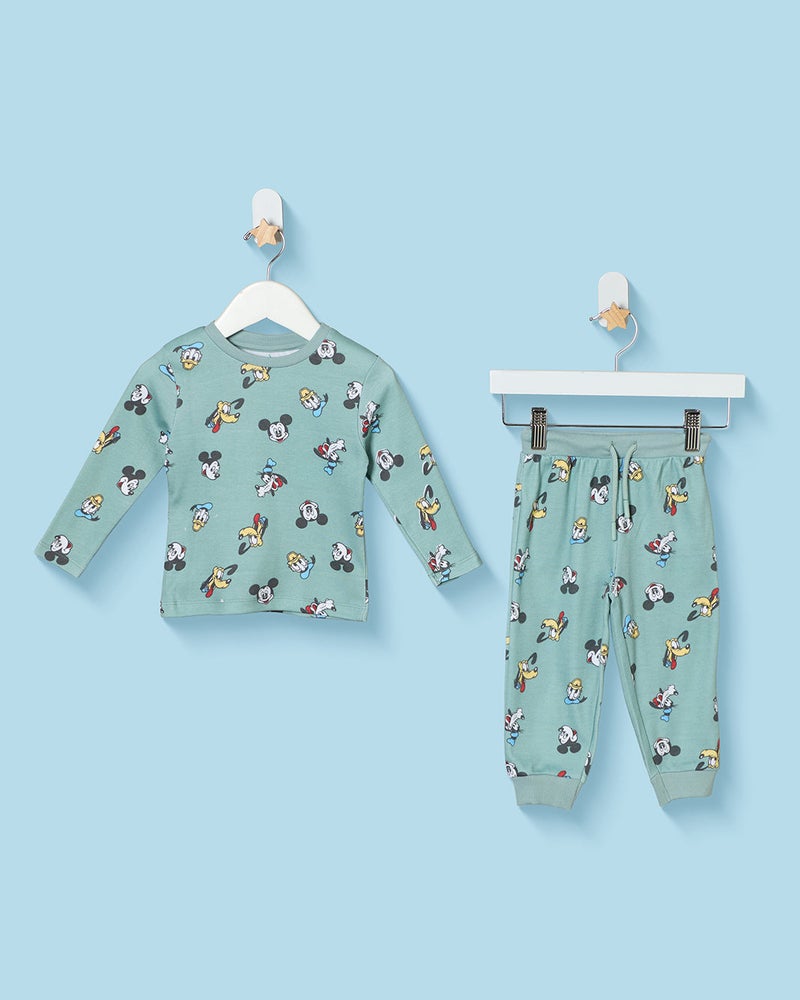 REDTAG Infant Boys Teal Mickey And Friends Print Pyjama Set - Image 1