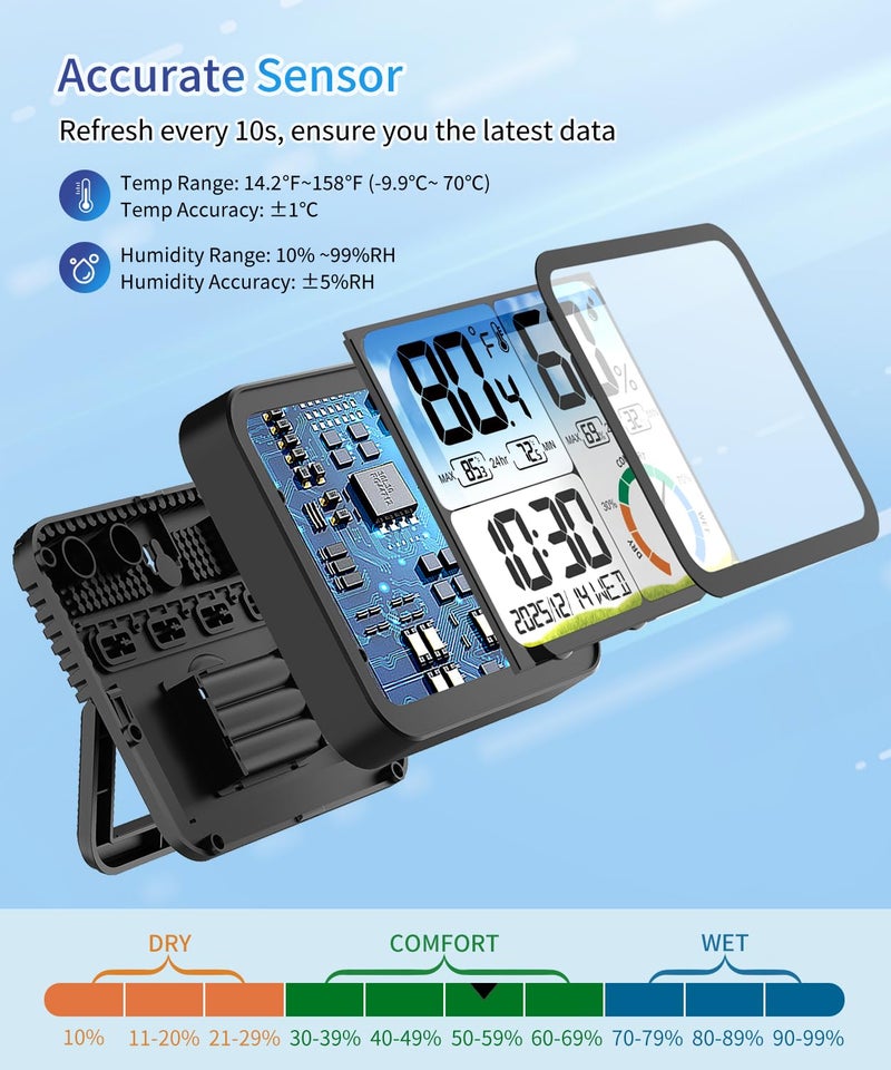 VOCOO Digital Indoor Room Thermometer - 5.8'' Extra Large Display Temperature Humidity Sensor with Accurate Temp Humidity Gauge Monitor, Calibration, Max & Min Records, Comfort, Backlit, Date & Clock - Image 3