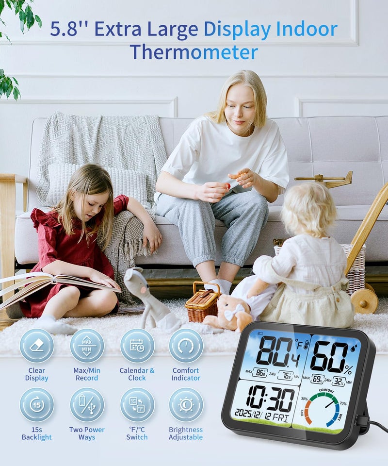VOCOO Digital Indoor Room Thermometer - 5.8'' Extra Large Display Temperature Humidity Sensor with Accurate Temp Humidity Gauge Monitor, Calibration, Max & Min Records, Comfort, Backlit, Date & Clock - Image 2