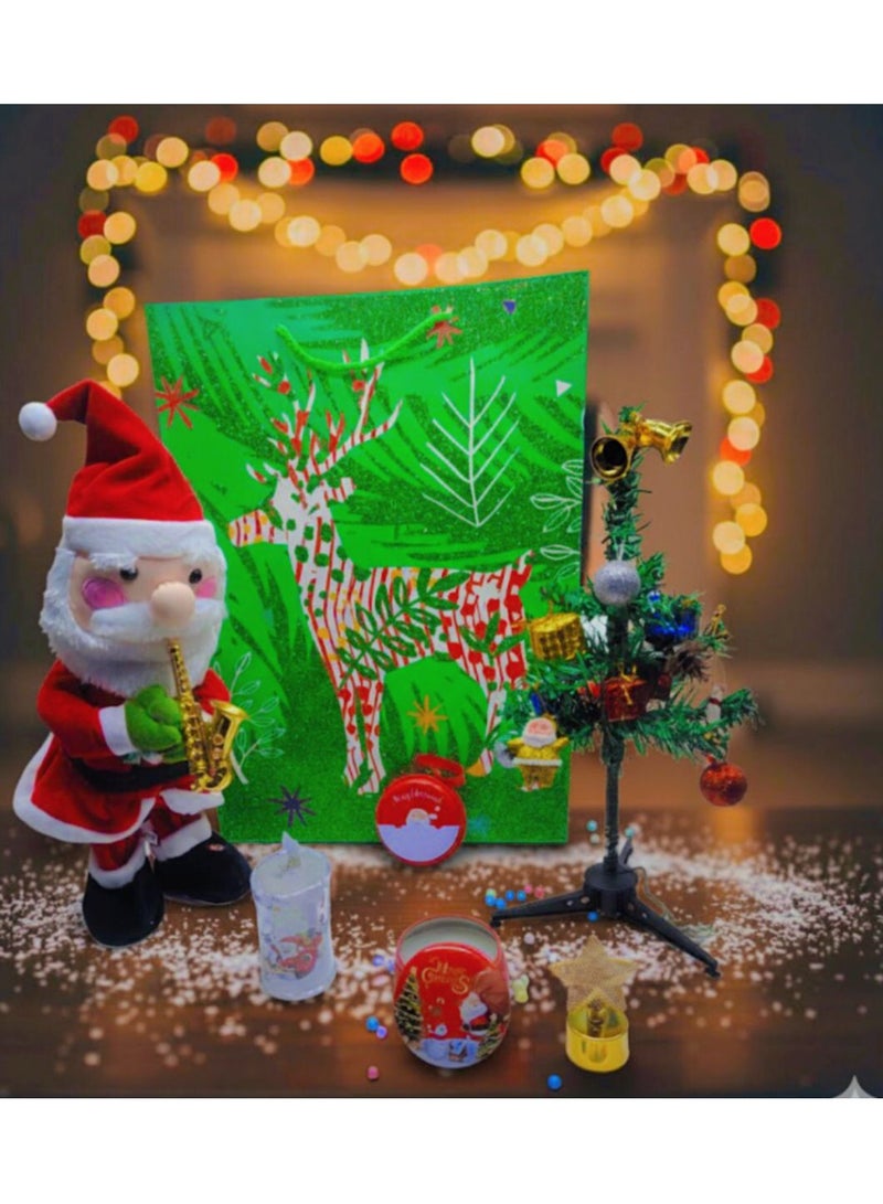 Large Christmas Gift Bag + 6 Gifts (Musical Moving Santa Claus + 30cm Green Tree with 20 Tree Decorations + Scented Candle + Acrylic LED Birthday Candle + Small Christmas Money Bag Wallet + LED Star Electronic Candle) - Image 1