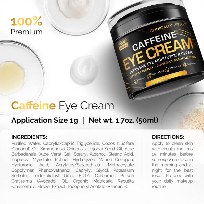 PURE RESEARCH Caffeine Eye Cream For Anti Aging, Dark Circles, Bags, Puffiness. Great Under Eye Skin + Face Tightening, Eye Lift Treatment For Men & Women 1.7oz - Image 2