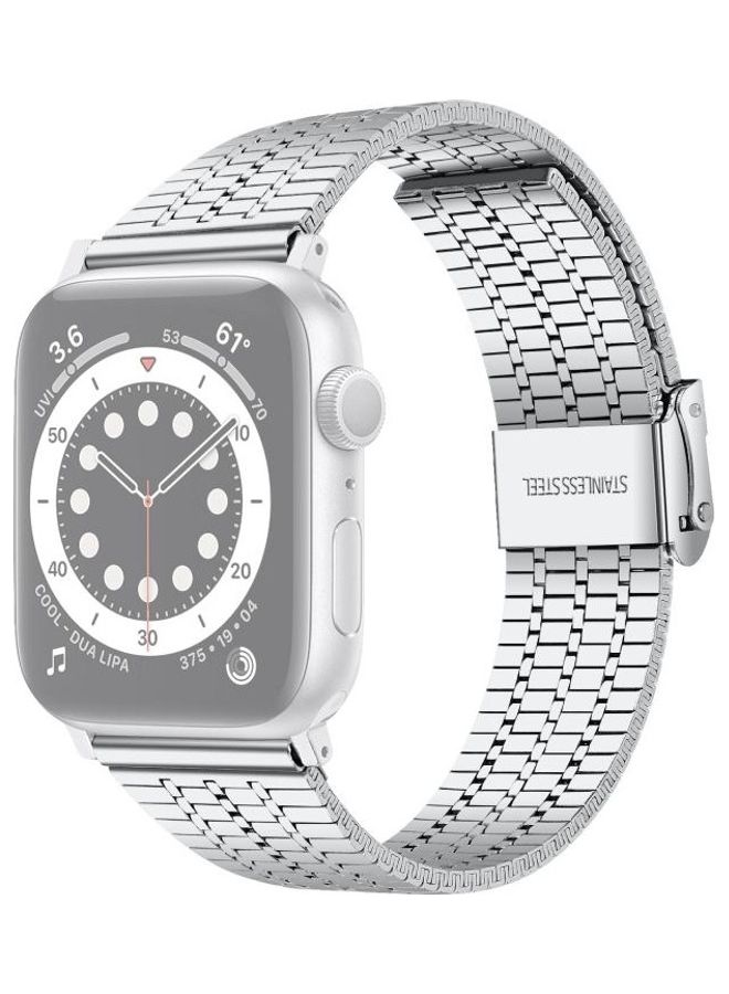 HuHa Seven-Beads Double Safety Buckle Steel Replacement Strap Watchband For Apple Watch Series 7/6/SE/5/4/3/2/1 41/40/38mm Silver - Image 1