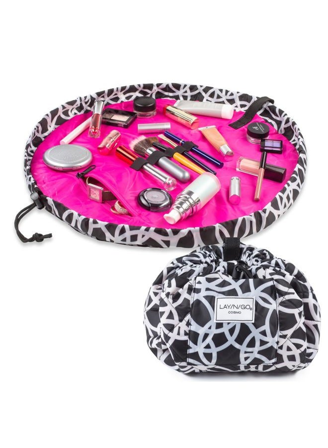 Lay-n-Go Cosmo Drawstring Cosmetic & Makeup Bag Organizer - Portable Makeup Bag w/Zipper Pocket, Makeup Loops & More - Durable, Machine Washable Travel Makeup Bag (20”, Black/White) - Image 1