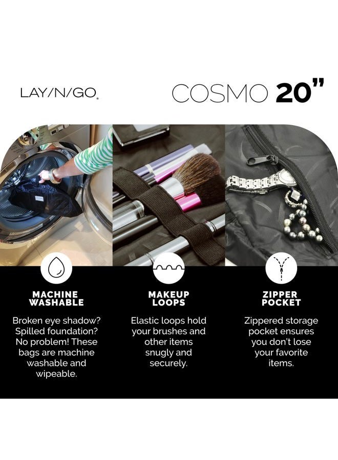 Lay-n-Go Cosmo Drawstring Cosmetic & Makeup Bag Organizer - Portable Makeup Bag w/Zipper Pocket, Makeup Loops & More - Durable, Machine Washable Travel Makeup Bag (20”, Black/White) - Image 4
