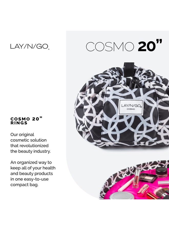 Lay-n-Go Cosmo Drawstring Cosmetic & Makeup Bag Organizer - Portable Makeup Bag w/Zipper Pocket, Makeup Loops & More - Durable, Machine Washable Travel Makeup Bag (20”, Black/White) - Image 2