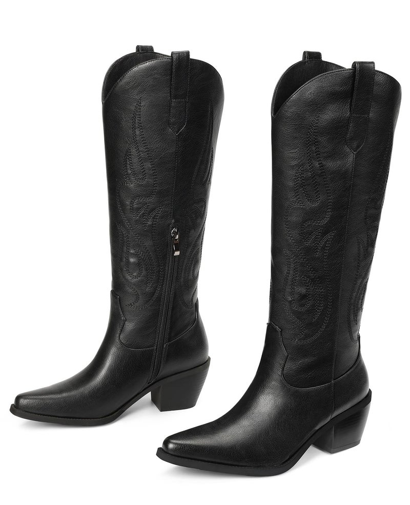 Pasuot Western Cowboy Boots for Women - Knee High Wide Calf Cowgirl Boots, Slip On Pointed Toe Chunky Heel Fashion Retro Classic Pull On Tall Boot for ladies Party concert Black US 8 - Image 5