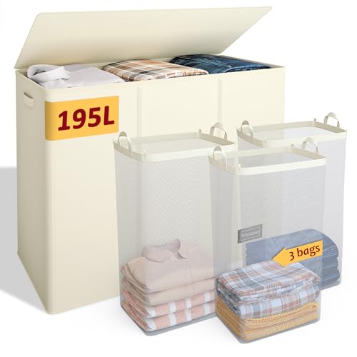 Vincona 195L Laundry Hamper 3 Section,Large Laundry Hamper with Lid,Dirty Clothes Hamper with 3 Inner Bags,Collapsible Laundry Basket Organizer for Laundry Room,Bedroom,Laundry Sorter Hamper 3 Compartment - Image 1