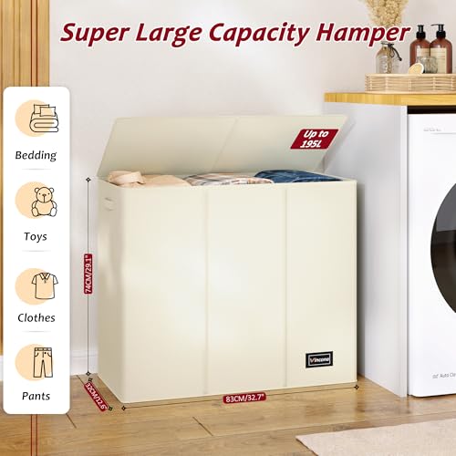 Vincona 195L Laundry Hamper 3 Section,Large Laundry Hamper with Lid,Dirty Clothes Hamper with 3 Inner Bags,Collapsible Laundry Basket Organizer for Laundry Room,Bedroom,Laundry Sorter Hamper 3 Compartment - Image 2