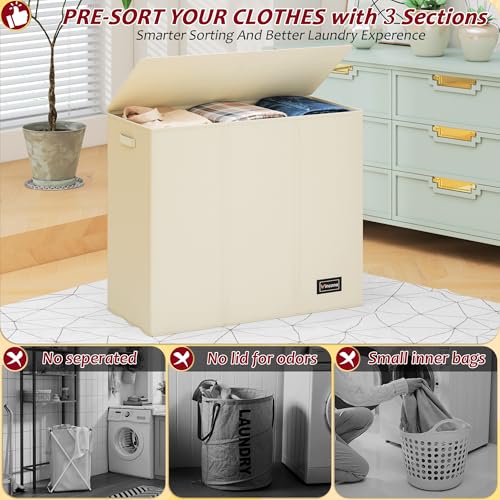 Vincona 195L Laundry Hamper 3 Section,Large Laundry Hamper with Lid,Dirty Clothes Hamper with 3 Inner Bags,Collapsible Laundry Basket Organizer for Laundry Room,Bedroom,Laundry Sorter Hamper 3 Compartment - Image 3