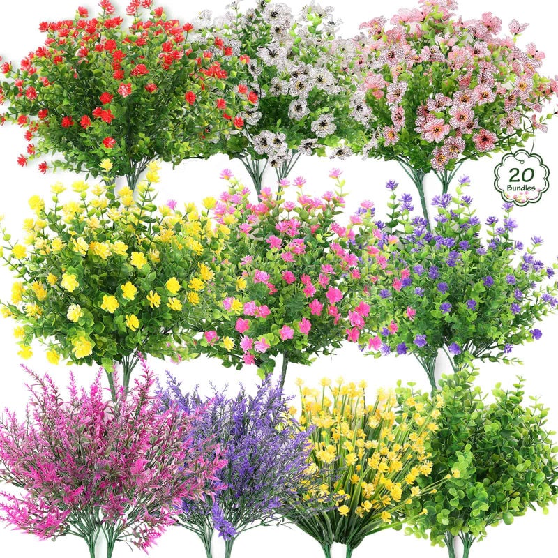 Dexpinzo 20 Bundles Artificial Fake Flowers for Outdoor UV Resistant No Fade Boxwood Faux Plastic Shrubs Plants for Garden Patio Porch Window Box Home Wedding Farmhouse Outside Hanging Décor - Image 1
