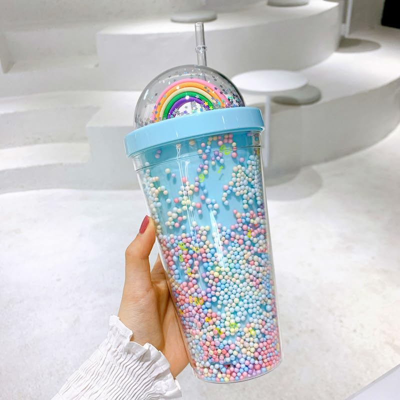 IKTU Double Wall Rainbow Water Bottle For Girls Shiny Glitter Tumbler | For Girls & Boys, School & Coaching | Gift For Kids, Plastic (Blue OR Green, 550 Ml, Pack of 1) - Image 4