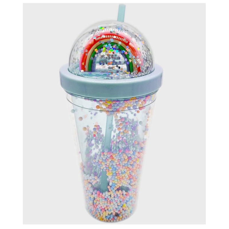 IKTU Double Wall Rainbow Water Bottle For Girls Shiny Glitter Tumbler | For Girls & Boys, School & Coaching | Gift For Kids, Plastic (Blue OR Green, 550 Ml, Pack of 1) - Image 1