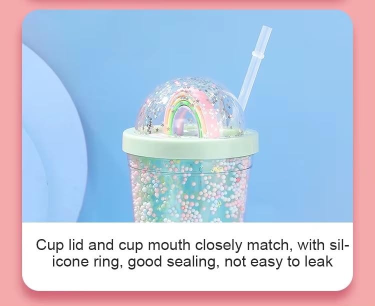 IKTU Double Wall Rainbow Water Bottle For Girls Shiny Glitter Tumbler | For Girls & Boys, School & Coaching | Gift For Kids, Plastic (Blue OR Green, 550 Ml, Pack of 1) - Image 3