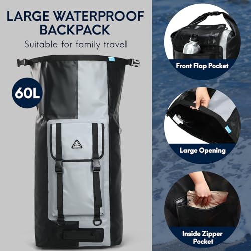 Haimont Waterproof Backpack Roll Top Dry Bag Kayak Dry Backpack IPX7 for Outdoor Dry Pack Boating Fishing 60L, Black/Gray - Image 5