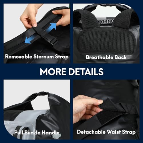 Haimont Waterproof Backpack Roll Top Dry Bag Kayak Dry Backpack IPX7 for Outdoor Dry Pack Boating Fishing 60L, Black/Gray - Image 3