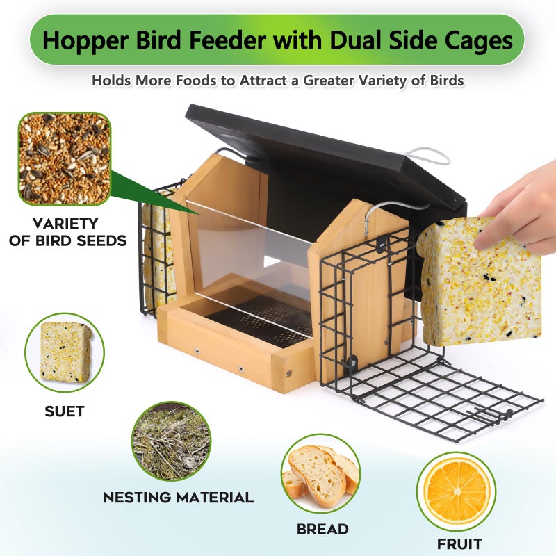Gbekery Hopper Bird Feeder for Outdoors Hanging, Wooden Bird Feeder with Double Suet Cage and Large Seed Capacity, Cedar Wood Suet Feeder with Weatherproof Roof, Garden Decoration - Image 5