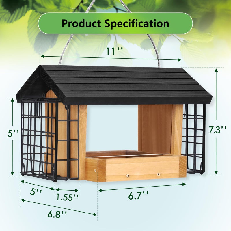 Gbekery Hopper Bird Feeder for Outdoors Hanging, Wooden Bird Feeder with Double Suet Cage and Large Seed Capacity, Cedar Wood Suet Feeder with Weatherproof Roof, Garden Decoration - Image 2