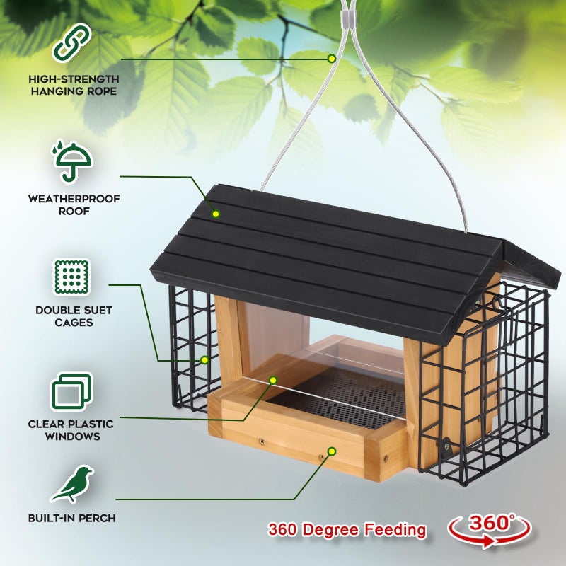 Gbekery Hopper Bird Feeder for Outdoors Hanging, Wooden Bird Feeder with Double Suet Cage and Large Seed Capacity, Cedar Wood Suet Feeder with Weatherproof Roof, Garden Decoration - Image 3
