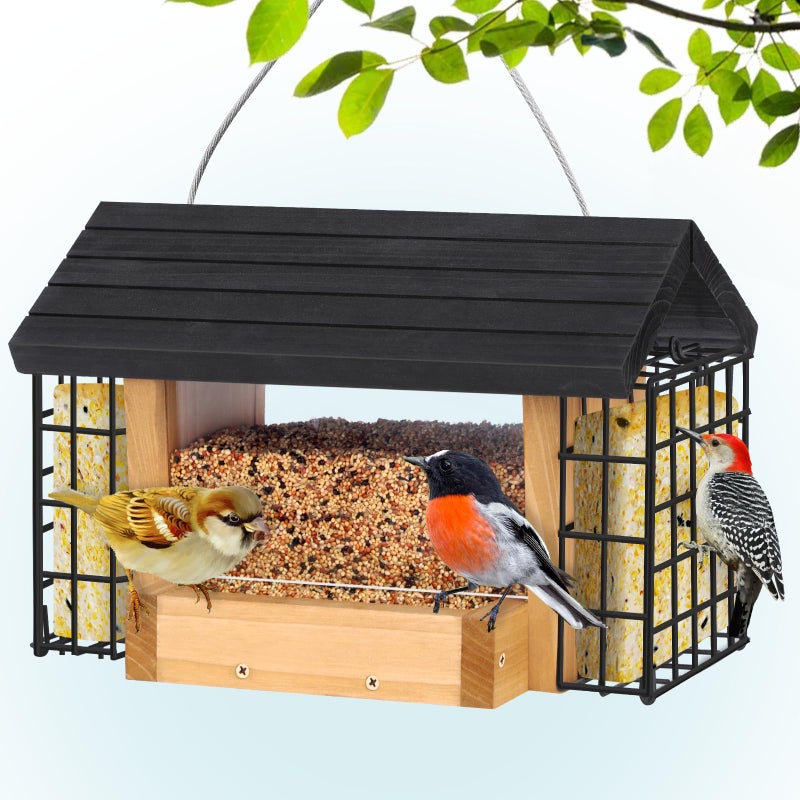 Gbekery Hopper Bird Feeder for Outdoors Hanging, Wooden Bird Feeder with Double Suet Cage and Large Seed Capacity, Cedar Wood Suet Feeder with Weatherproof Roof, Garden Decoration - Image 1