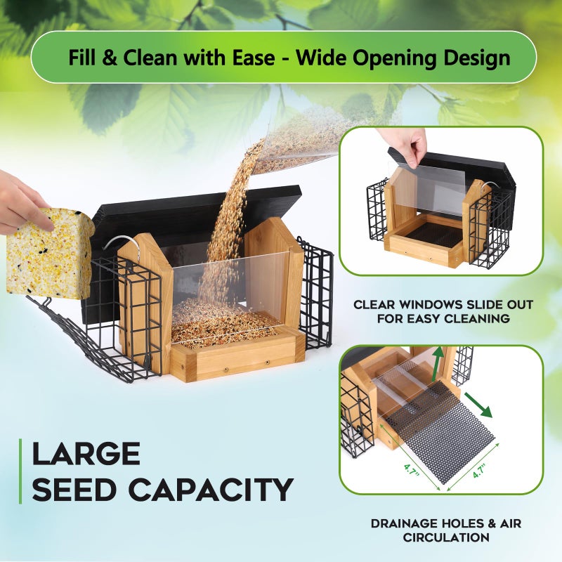 Gbekery Hopper Bird Feeder for Outdoors Hanging, Wooden Bird Feeder with Double Suet Cage and Large Seed Capacity, Cedar Wood Suet Feeder with Weatherproof Roof, Garden Decoration - Image 4